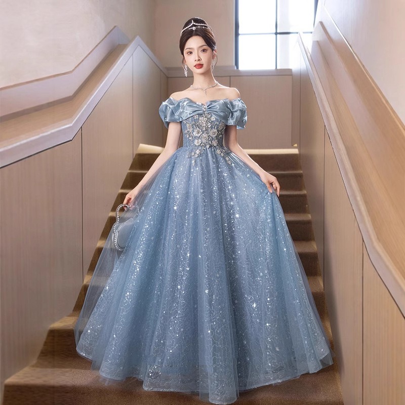 Women'S Fashion Middle Ages - Nouvelle Robe de Soirée Bleue Brodé
